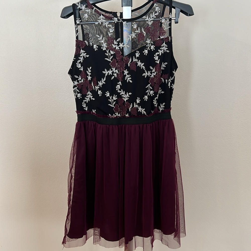 Juniors Speechless‎ floral mesh black wine plum color floral dress women size XL - Picture 2 of 10